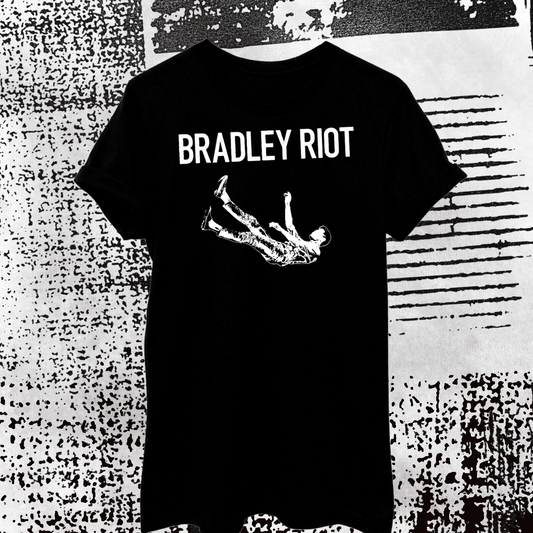 Bradley Riot name in bold lettering with graphic of man falling on black tshirt